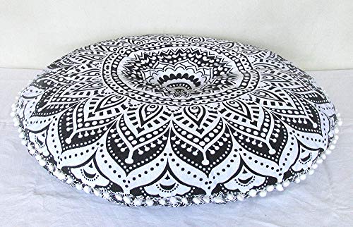 CRAFT KALA 32" in Round Mandala Floor Pillow Cushion Cover Seating Throw Cover Hippie Decorative Bohemian Ottoman Poufs Pillow Cover Cases Boho Cotton Living Yoga Home Décor Room (Grey Ombre) - color: Grey Ombre