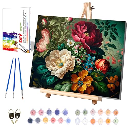 Peony Paint by Numbers for Adults with Framed Canvas - with Wooden Easel | Paint by Number on Canvas Flowers, DIY Acrylic Oil Painting Kits with Brushes Nice Gift Box for Home Wall Decor (16x20 inch) - color: DKMT0001, size: 16*20inch
