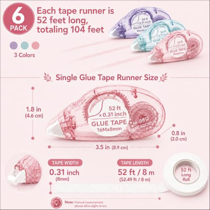 MARCADORUS Double Sided Tape Roller, Scrapbook Glue Tape 6 Pack, Extra-Long | 52 Ft x 0.31 In Each, 312 Ft Total; Permanent, Acid-Free, Photo-Safe Tape for Scrapbooks, Journals, Cards & Crafts - size: 52.5 Ft x 0.31 In : 6 Pack