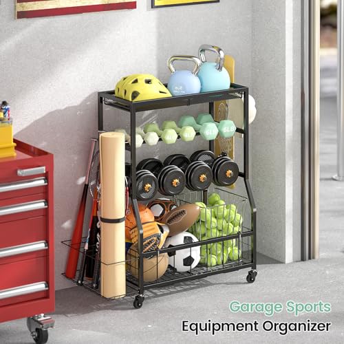 Home Gym Storage Rack, Dumbbell Rack with Yoga Mat Storage, Weight Rack Stand with Lockable Wheels and Hooks, Home Workout Equipment Organizer for Yoga, Dumbbell, Kettlebells, Ball Storage - size: Large