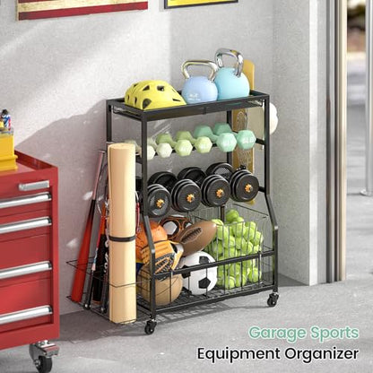 Home Gym Storage Rack, Dumbbell Rack with Yoga Mat Storage, Weight Rack Stand with Lockable Wheels and Hooks, Home Workout Equipment Organizer for Yoga, Dumbbell, Kettlebells, Ball Storage - size: Large