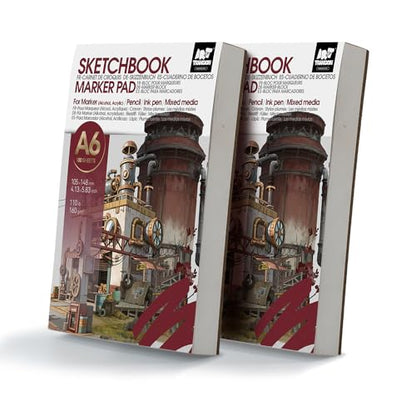 TRANSON 2 Pack A6 Mini Sketchbook Marker Pad, 110lb/160gsm Heavyweight Art Paper, No Bleed Through, 100 Sheets/200 Pages 4.13"x5.83" for Drawing & Sketching - size: 2 PACK A6 160gsm