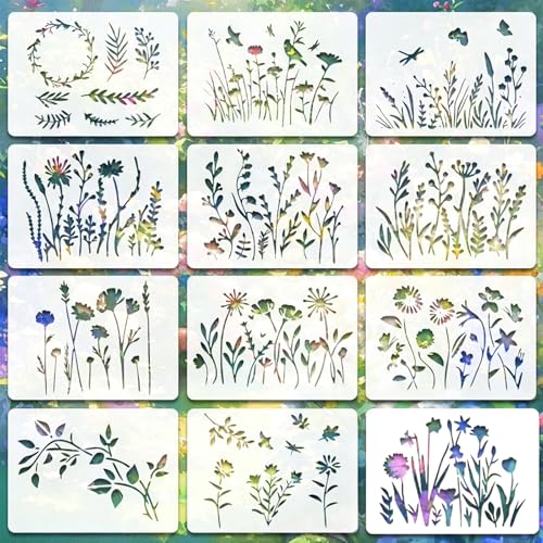 12 Pieces Wildflower Stencils for Painting,Reusable Flower Stencils Set with Large & Small Sizes,DIY Plastic Painting Templates for Wall,Wood,Fabric,Canvas,Crafts - style: 12PCS 6x4.7"