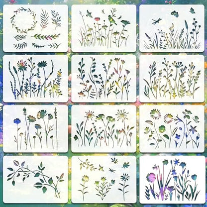 12 Pieces Wildflower Stencils for Painting,Reusable Flower Stencils Set with Large & Small Sizes,DIY Plastic Painting Templates for Wall,Wood,Fabric,Canvas,Crafts - style: 12PCS 6x4.7"