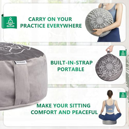 Hihealer Meditation Cushion, Traditional Tibetan Velvet Meditation Pillow | Buckwheat Yoga Bolster, Large Floor Cushion & Pillow for Adults, Zafu Zabuton Set, Zen Meditation Mat - color: Calmly Grey & White