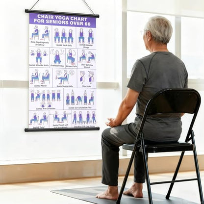 JolliLudo 2 Pcs Chair Yoga Wall Chart and 2 Pcs Elastic Band for Seniors Beginners, 31 Yoga Poses Fabric Poster with Hanging Rod & Rope, Foldable, Easy to Display for Home Office Living Room Decor