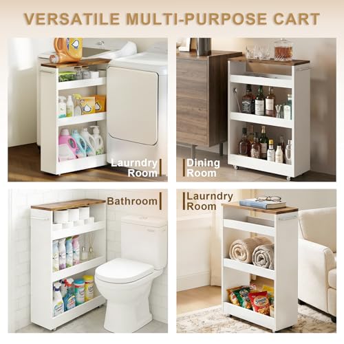 TEAMIX Wood 4-Tier Slim Rolling Storage Cart, 7.9"W, 24.8"D, 36.7"H, White - color: White