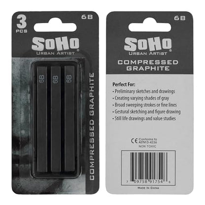 SoHo Urban Artist Compressed Graphite Sticks 6B, Pack of 3 - Premium Graphite Sticks for Drawing - Versatile & Smooth Gliding Artist Graphite - Ideal for Professionals, Students, and Artists - color: 6B