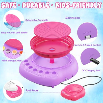 Weilim Pottery Wheel for Kids Beginners, Air-Dry Clay & Paint Kit Ages 6-12 | 3 Clay Packs, 14 Paint Colors, Sculpting Tools, Brushes, Palette,Apron; Gentle Beginner Spin, USB Rechargeable, No Oven - color: Purple