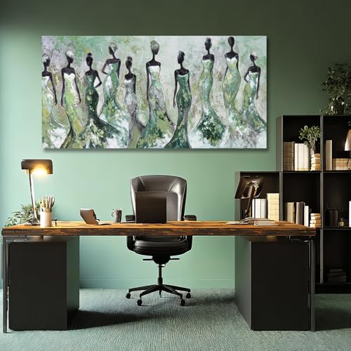 Dolidoteart Green Abstract Figure Wall Art, Black Modern Horizontal Canvas Print for Living Room, Bedroom, Dining Room or Office, Aesthetic Fashion Artwork, 24x48 Inch - color: Green, size: 48"L x 24"W