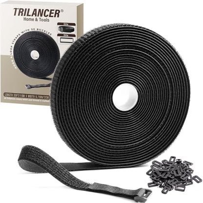 Trilancer 0.8"x32Ft Reusable Cable Ties, Hook & Loop Straps with 50 Buckles | Adjustable, Cut to Length, Ideal for Wire Management, Cord Organizer, and Cable Straps, Black - size: 0.8'' x 32Ft