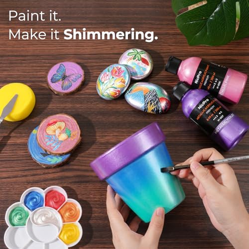 Nicpro 14 Colors Metallic Acrylic Paint Set,16.9oz Large Acrylic Paint Bulk | Pearlescent Non Toxic Non Fading Craft Paint for Wood, Clay, Metal, Canvas, Furniture, Handcraft, Model, Art Supplies - color: 14 Metallic Colors