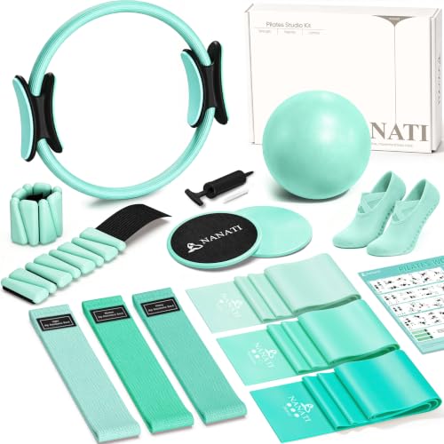 NANATI Pilates Kit, Home Pilates Workout Kit for Women, Pilates Equipment with 14.5"" Pilates Ring and Ball, Resistance Bands, Ankle Weights, Sliders & Grip Socks for Home Workouts - color: Subtle Mint
