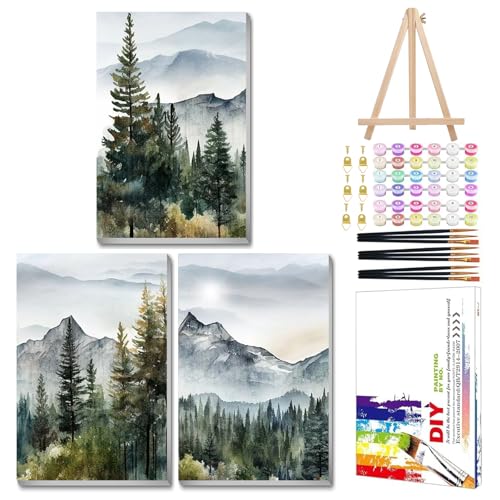Mandun Landscape Paint by Numbers Kit for Adults, 3 Pack, 7.8x11.8 inch | DIY Painting Kits Crafts for Adults, Relieve Stress, Frame Canvas, Wooden Easel, Gift Box, Home Wall Decor - color: 3 Pack Landscape