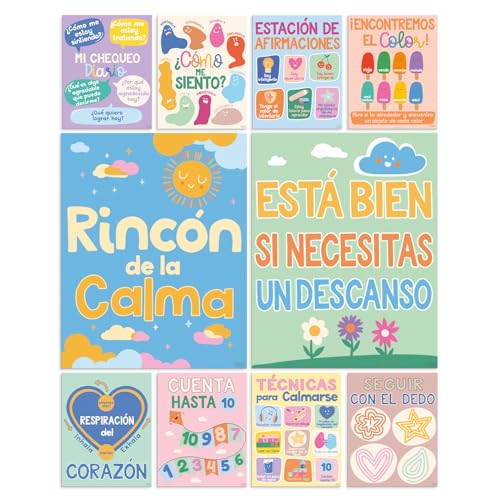 S&O Spanish Language Calming Corner Classroom Therapy Posters - Calm Down Corner Supplies - Feelings Chart - Emotions Chart for Kids - Spanish Classroom Decorations - Homeschool Supplies - 10PC