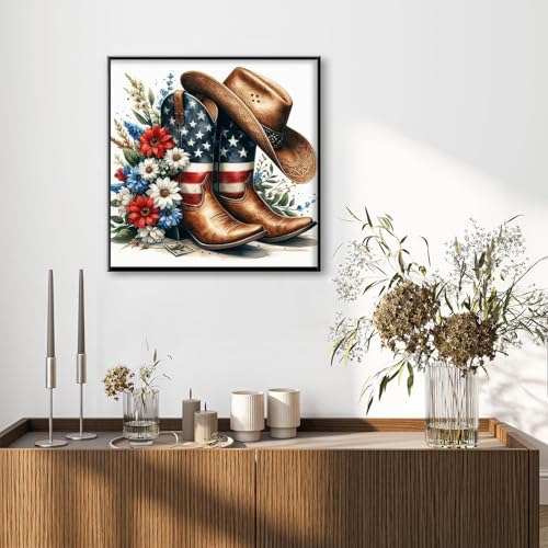 Cowboy Boot Diamond Art Kits for Adults Beginners 14x14 in, DIY Craft Gift | American Cowboy Boot Diamond Painting Kits for Adults, Stress Relief, Home Wall Decor, 5D Full Round Drill Gem Art - color: DP-US15