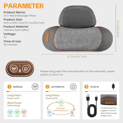 3-in-1 Neck Massager Pillow, Neck Massager for Pain Relief Deep Tissue, Massage Pillow with Heat, Vibration & Airbag Traction, 3D Ergonomic Cervical Hump Corrector Massage for Home Office
