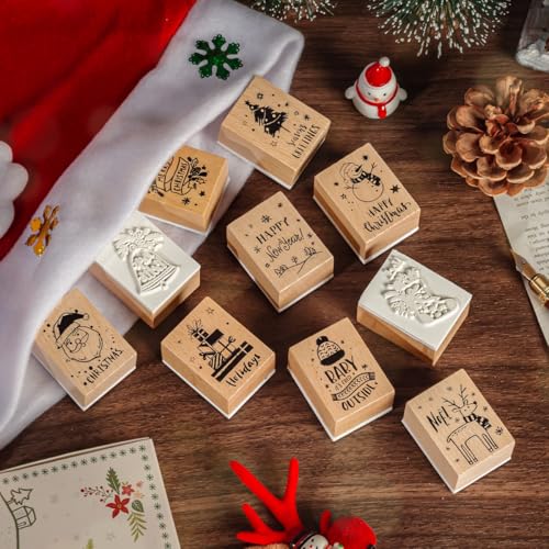 Wooden Rubber Stamp Set, Wood Stamps for Journal, Diary, Scrapbook, Planner, Letter, DIY Craft, Card Making (Chrismas) - color: Chrismas