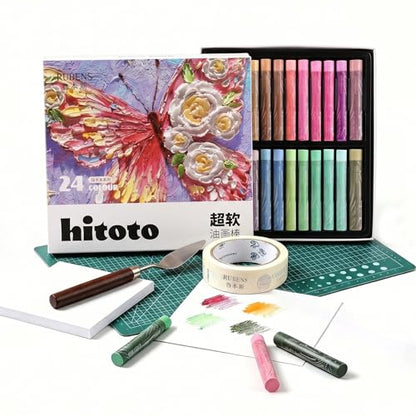 rubens 57 PCS Macaron Soft Oil Pastels Kit for Beginner Drawing | 24 Macaron Colors Soft Oil Pastels in Box with Palette Knife, Base Board, Tape, 30 Sheets Oil Pastel Paper - color: 24 Macaron Colors Set