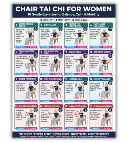 Chair Tai Chi Workout Chart for Women & Seniors, 16 Gentle Seated Exercises for Beginners, Home Exercise Guide to Improve Balance, Calm, Mobility & Flexibility, Wellness Gift for Mom & Grandma, 12 x 16 Inch Unframed
