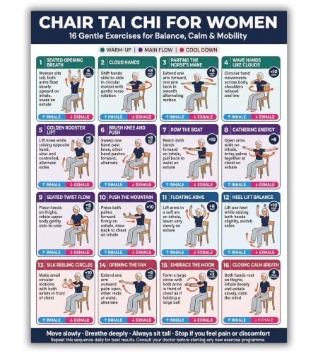 Chair Tai Chi Workout Chart for Women & Seniors, 16 Gentle Seated Exercises for Beginners, Home Exercise Guide to Improve Balance, Calm, Mobility & Flexibility, Wellness Gift for Mom & Grandma, 12 x 16 Inch Unframed