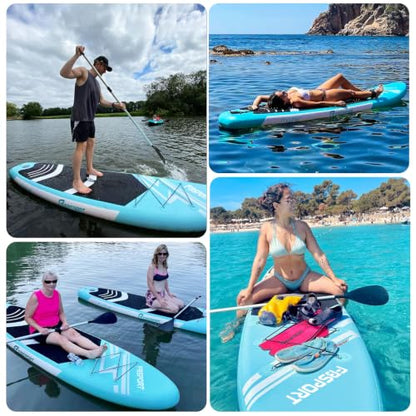 FBSPORT 11' Premium Stand Up Paddle Board, Yoga Board with SUP Accessories & Carry Bag | Wide Stance, Surf Control, Non-Slip Deck, Leash, Paddle and Pump for Youth & Adult - color: Ice Blue