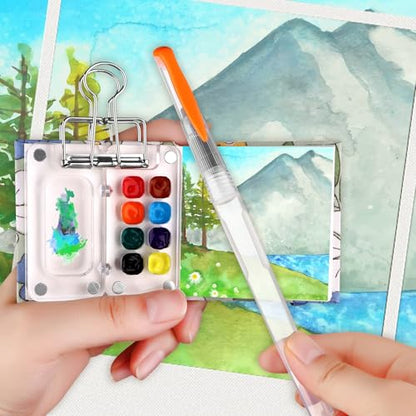 11 Pcs Mini Portable Watercolor Palette Set Travel Paint Palette Kit Pocket Watercolor Travel Set Clear Acrylic Grid Paint Box 3Pocket Watercolor Sketchbooks 6Artist Paint Brushes 1Binder Clip