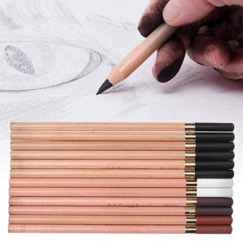 hong 12PCS 4 Colors Sketching Pencils Wooden Charcoal Drawing Pencil Art Supplies with Gift Box for Art Students, Beginners, Professional Painter, White/Sanguine/Sepia/Black Charcoal Pencils