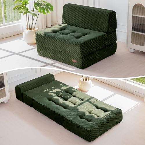 MAXYOYO Folding Sofa Bed, 8-Inch Fold-Out Chair Bed, Single | 2-in-1 Convertible Floor Sofa Couch, High-Density Foam Tufted Lounge Couch for Living Room Bedroom Dorm, Dark Green - color: Dark Green, size: Single
