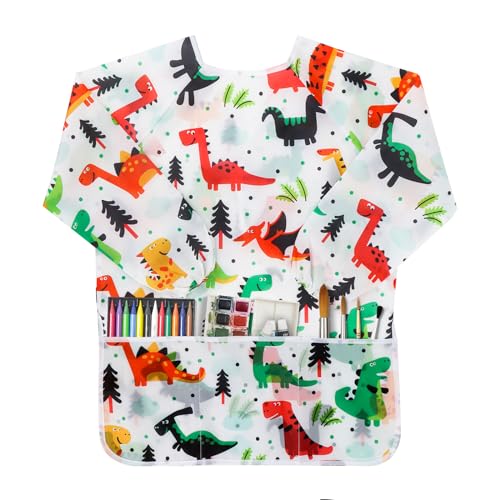 Kids Art Smocks Dinosaur Painting Aprons for Children Waterproof Artist Smock with Long Sleeve and 3 Pockets for Age 3-8 Years (White) - color: Dinosaur (White)
