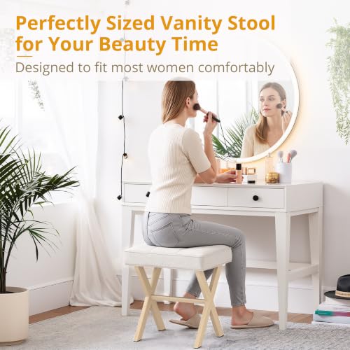 LUE BONA Square Linen Makeup Stool, Metal X Legs, Small Ottoman Stool Chair for Vanity, Modern Padded Seat Foot Rest for Makeup Room, Bathroom - color: Linen Color-sand Legs