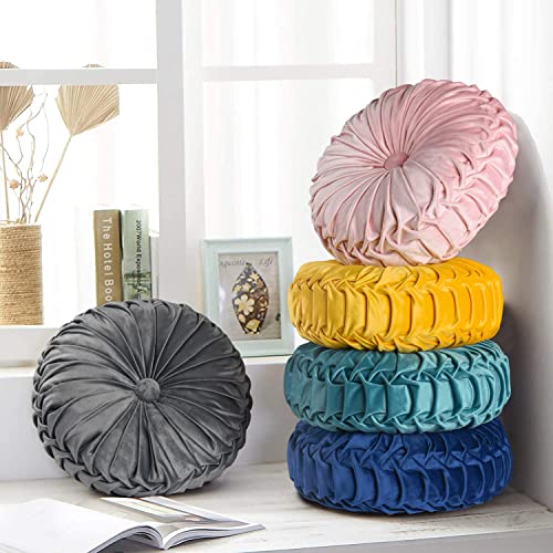 HIG Set of 2 Navy Velvet Decorative Round Pleated Throw Pillows - color: Navy