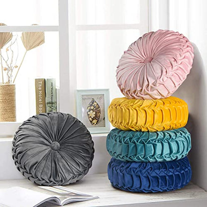 HIG Set of 2 Navy Velvet Decorative Round Pleated Throw Pillows - color: Navy