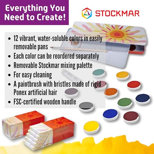 STOCKMAR Opaque Color Box - Set of 12 paints, Includes Opaque White Paint Tube, Brush, and Palette- Waldorf Art Supplies