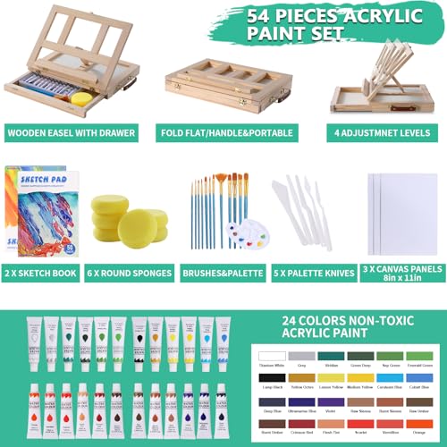 54 Pieces Complete Acrylic Paint Set with Portable Wooden Tabletop Easel | Starter Painting Kit with Tubes, Canvas Panels, Sketch Pads, Brushes, Palette for Beginners, Young Artists and Adults - color: Burlywood color