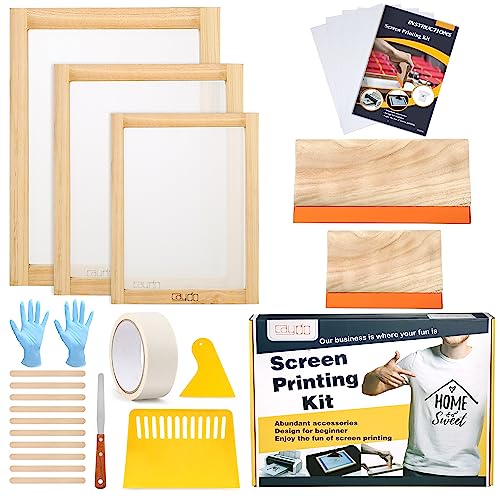 Caydo 23 Pieces Screen Printing Starter Kit, 3 Wood Frames with Mesh | Includes squeegees, inkjet transparency film, ink knife, mask tape, 3 sizes, DIY screen printing supplies for beginners - style: 23pcs