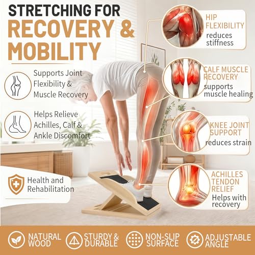 3-in-1 Wooden Slant Board, Calf Stretcher & Balance Board | Adjustable 5-level wooden slant board & wobble board for squats, physical therapy, calf stretching & balance training.