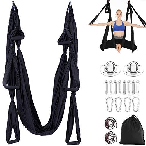 Aerial Trapeze Yoga Hammock Kit - Ultra Strong Antigravity Yoga Flying Sling Inversion Swing Tool Set - color: Black