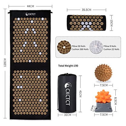 Extra Long Yoga Acupressure Mat Set,Massage Acupuncture Mat Large,Magnetic Mat Acupressure Body mat and Pillow for Neck Back Pain Relief(Gold) - color: Gold