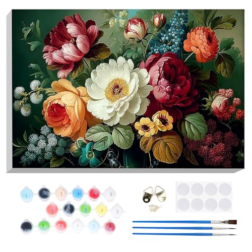 Bowetile Framed Paint by Numbers Flower Kit for Adults, Adults' Paint-by-Number Kits on Canvas, Painting by Numbers Floral, Acrylic Flowers Number Painting Gifts for Home Wall Decor, 12x8in - color: Flowers