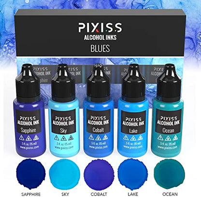 Pixiss Blue Alcohol Ink Set - 5 Shades of Highly Saturated Alcohol Ink for Epoxy Resin Supplies, Yupo Paper, Tumblers, Coasters - Resin Colorant for Epoxy Resin and Resin Art Supplies