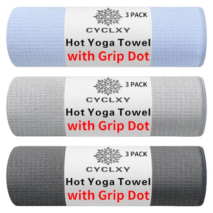 3 Pack Yoga Mat Towels with Grip Dot, Hot Yoga Towel Non Slip Yoga Mat Towel Non-Slip Sweat Absorbent Anti-Slip Yoga Towel for Bikram,Pilates - color: Grey / Blue / Dark Grey