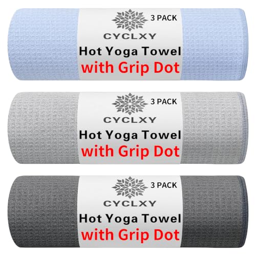 3 Pack Yoga Mat Towels with Grip Dot, Hot Yoga Towel Non Slip Yoga Mat Towel Non-Slip Sweat Absorbent Anti-Slip Yoga Towel for Bikram,Pilates - color: Grey / Blue / Dark Grey