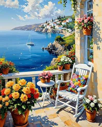 Paint by Numbers Kit for Adults, Coastal Balcony Painting, 16 x 20 Inch | DIY Adult Paint by Number Kit on Canvas for Beginners, without Frame, Seaside Landscape Wall Decor, Stress Relief Craft Gift - color: TRTDNF1P303