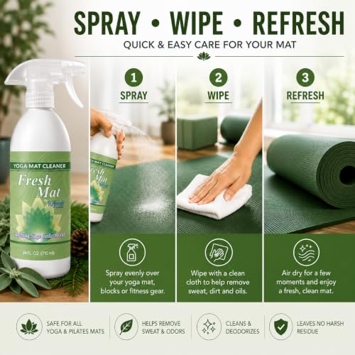 Fresh Mat Yoga Mat Cleaner Spray - Natural Deodorizing Cleaner for Yoga Mats & Fitness Equipment - No-Rinse, Residue-Free Formula with Witch Hazel & Essential Oil, Soothing Sage Cedarwood (24 fl oz). - size: 24 Fl Oz (Pack of 1)