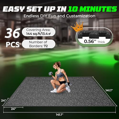 PRAISUN 0.56" Rubber Top Gym Flooring, Heavy Duty Gym Mats for Home Gym - size: 36 Tiles (144 Sq Ft)