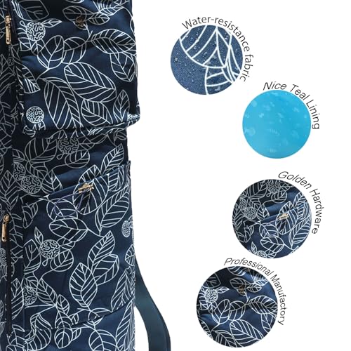 ESVAN Yoga Mat Bag with Multi Pockets Drawstring Yoga Mat Carrier Pilates Exercise Multi-Functional Storage Bag - color: Canvas Navy Leaf