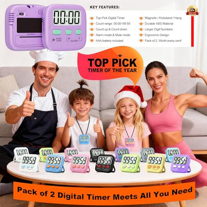 Antonki 2 Pack Digital Timer for Kids Classroom Kitchen Timers for Cooking | w/ Battery, Easy to View, Alarm, Mute Mode, Count Down/Up, Magnetic, Kickstand, Hanging, Classroom Timer for Teacher Supplies - color: Fresh Purple