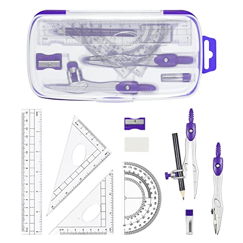 Vobou Math Geometry Sets 10 Pcs, Student Supplies Kit, Compass Set (Purple | Shatterproof Storage Box,Includes Rulers,Protractor,Compass,Eraser,Pencil Sharpener,Lead Refills,Pencil, for Drafting - color: Purple
