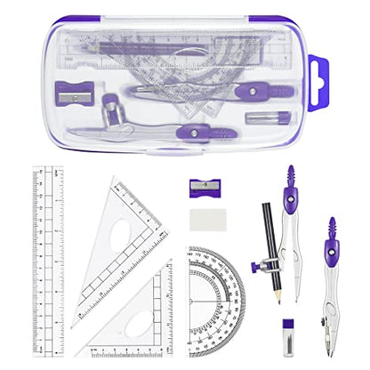Vobou Math Geometry Sets 10 Pcs, Student Supplies Kit, Compass Set (Purple | Shatterproof Storage Box,Includes Rulers,Protractor,Compass,Eraser,Pencil Sharpener,Lead Refills,Pencil, for Drafting - color: Purple